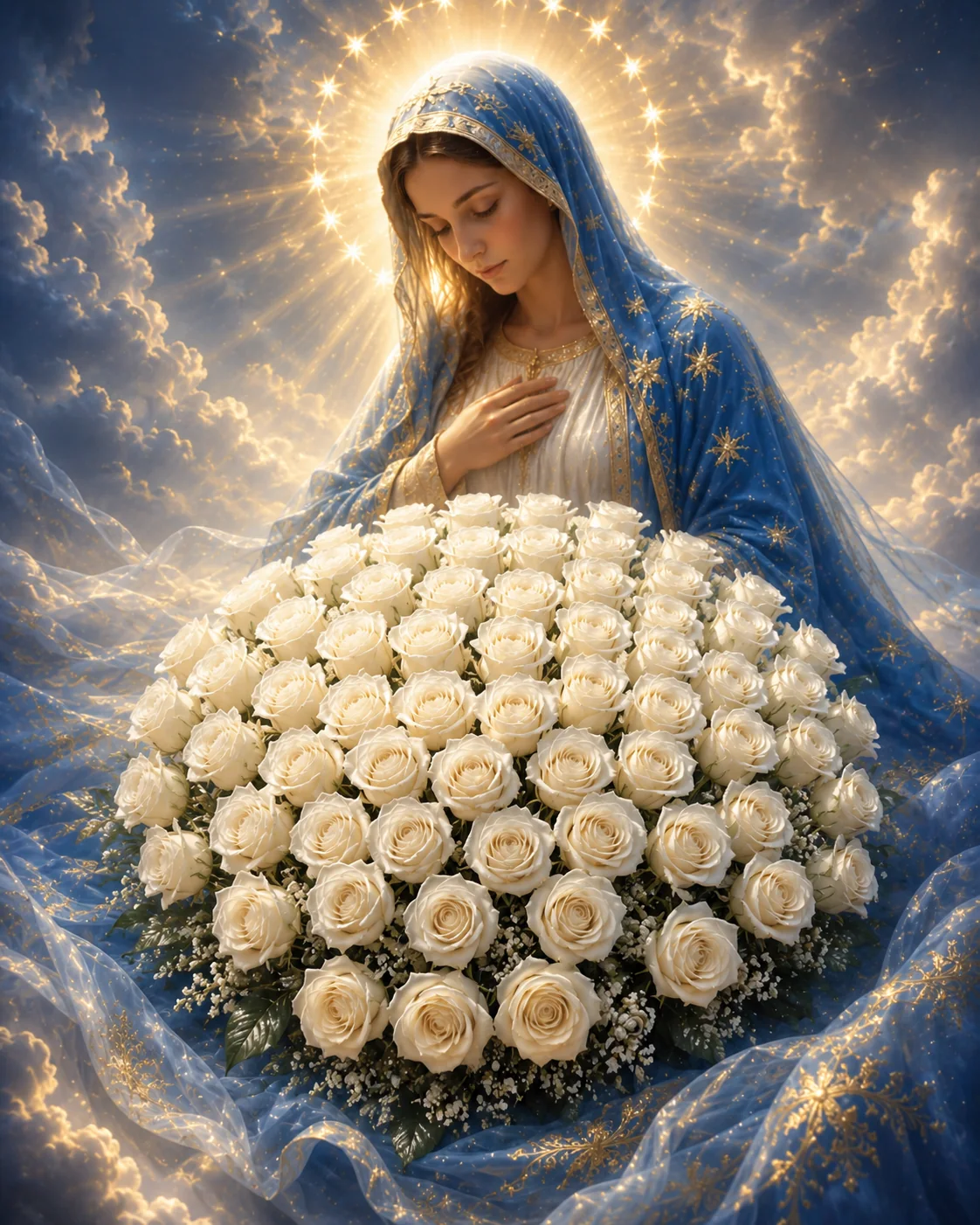 Cincuenta rosas blancas ofrecidas a María